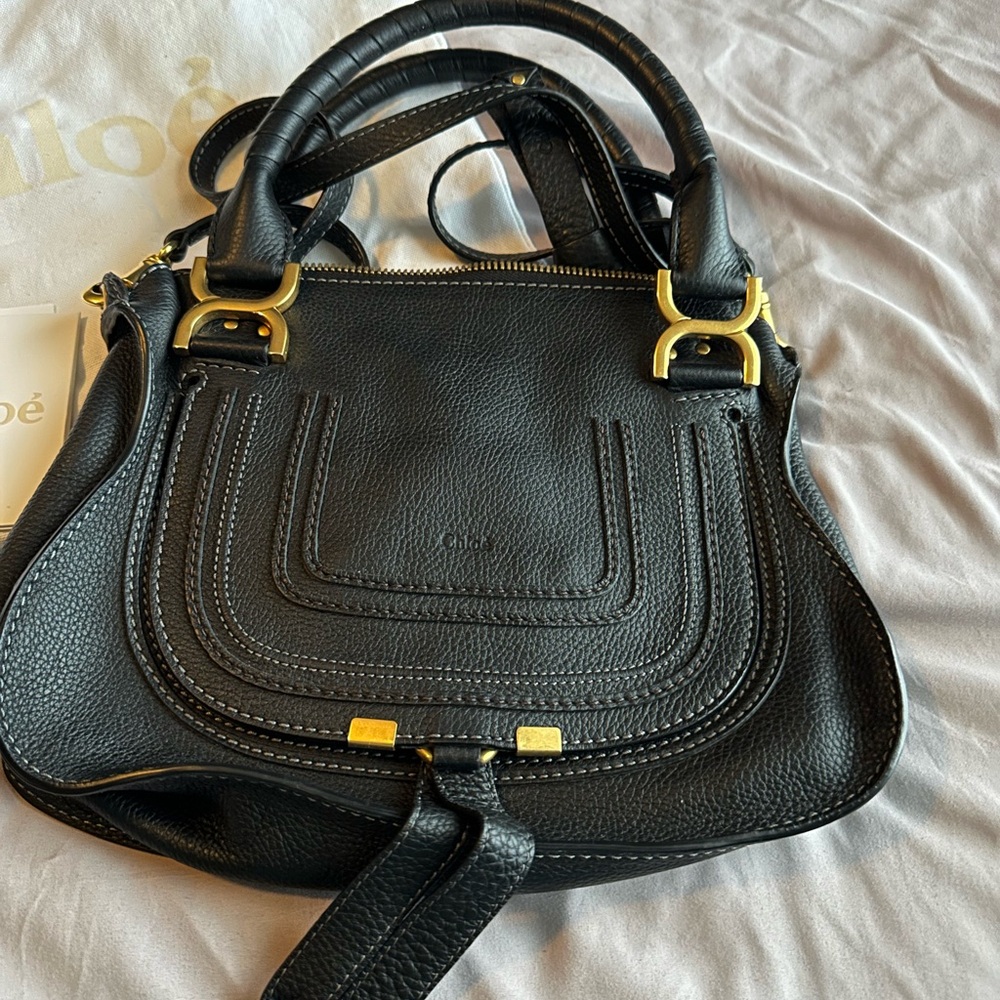 Chloe Small Marcie Leather Satchel Black Crossbody Bag with Gold Accents - Picture 15 of 16